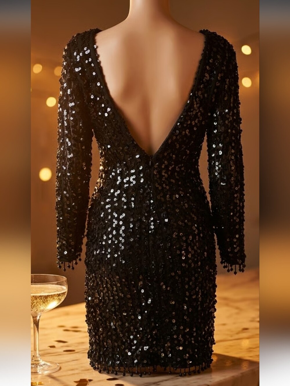 Black Sequin Long-Sleeve Party Dress